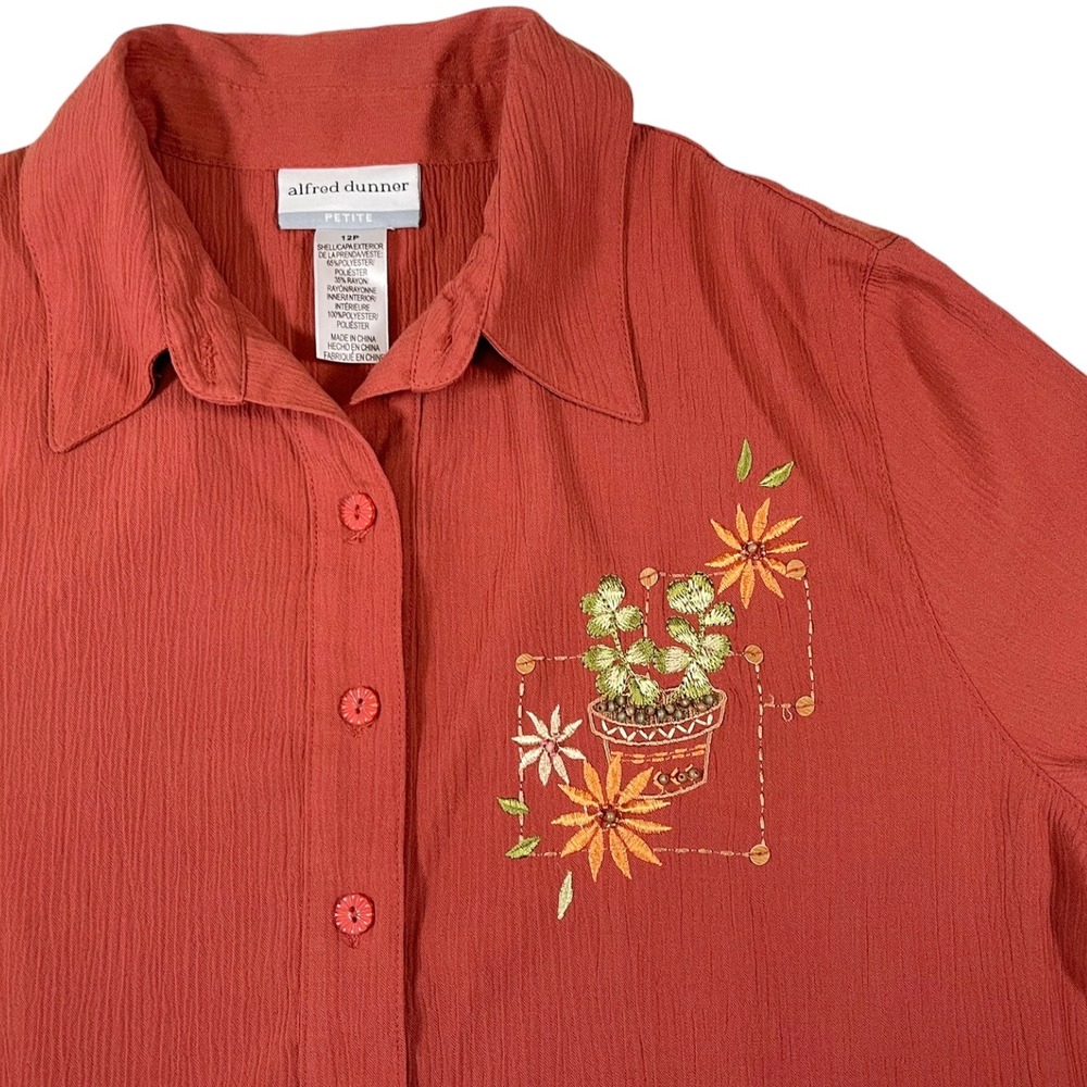 Alfred Dunner 12P Rust Orange Button Up Top Cactus Embroidered Southwest Boho